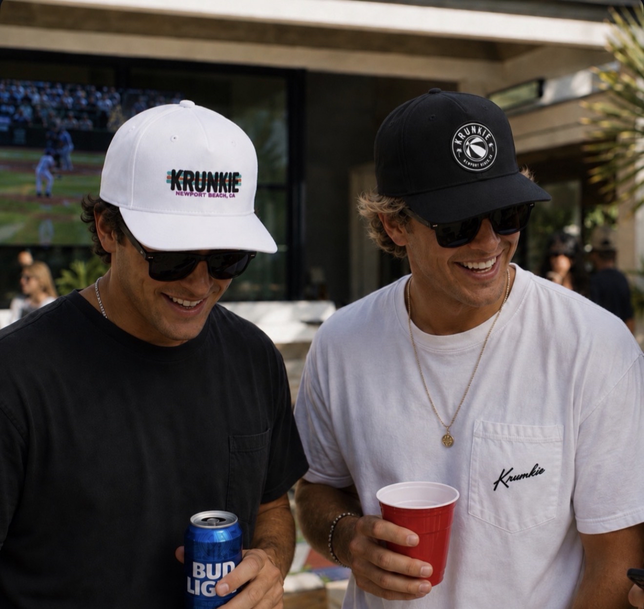 Two men wearing Krunkie hats in Newport Beach