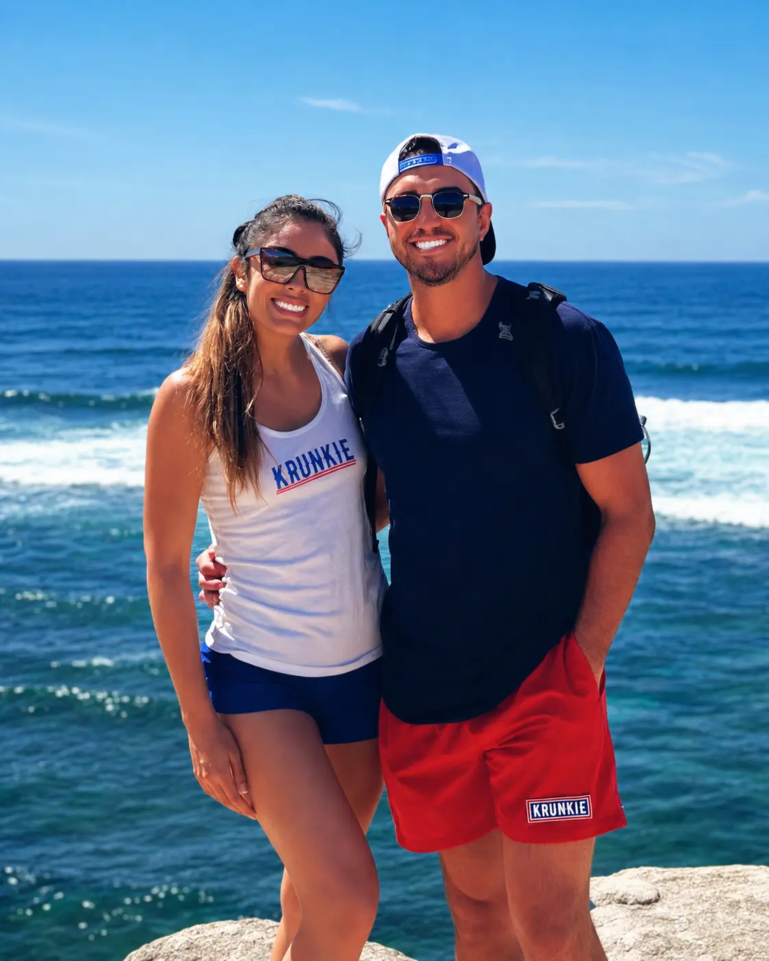 Krunkie founders in Krunkie tank and beach shorts on the Newport coast